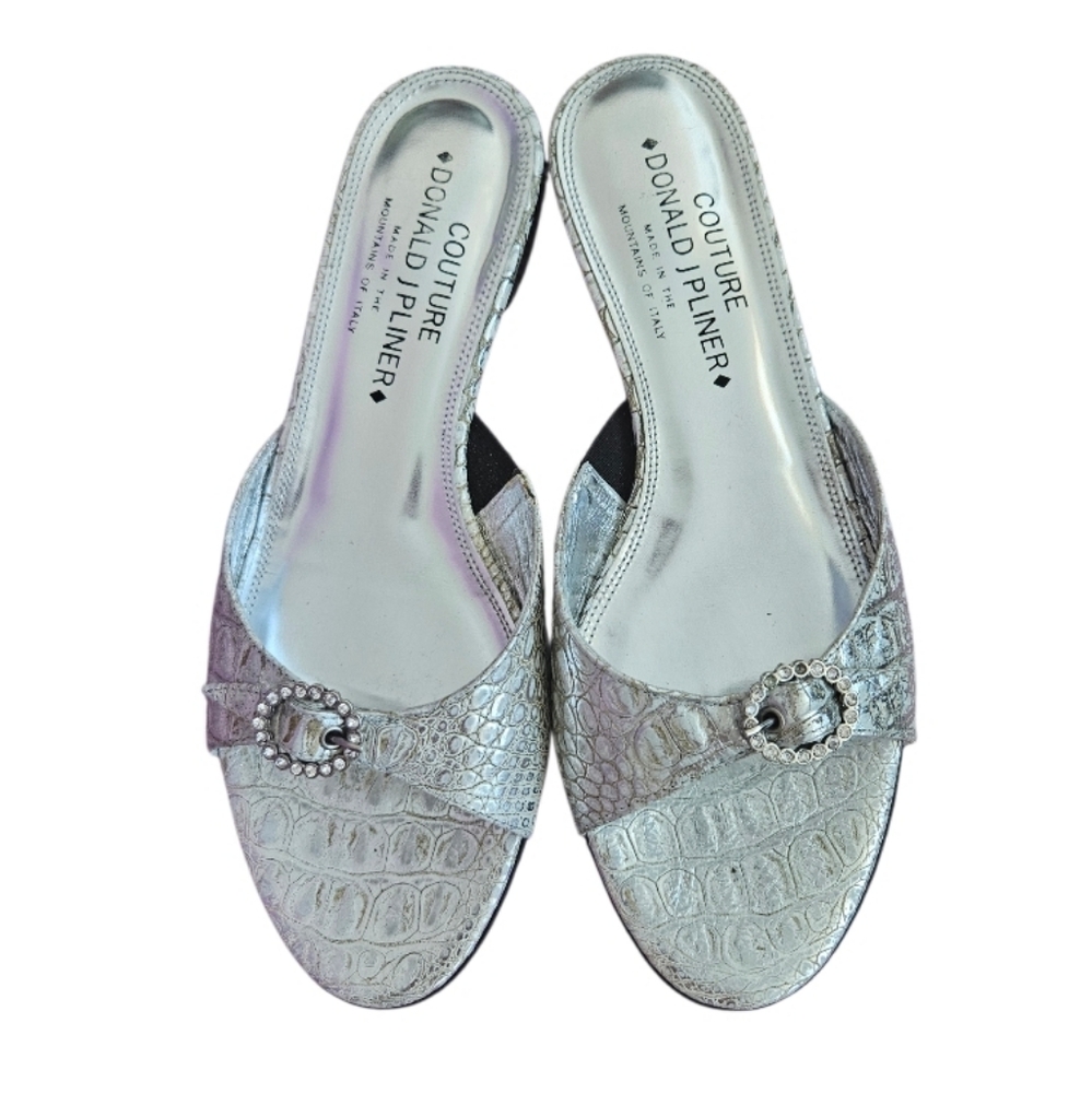 Donald J. Pliner Croco Jeweled  Metallic Silver Leather  Mules Slides